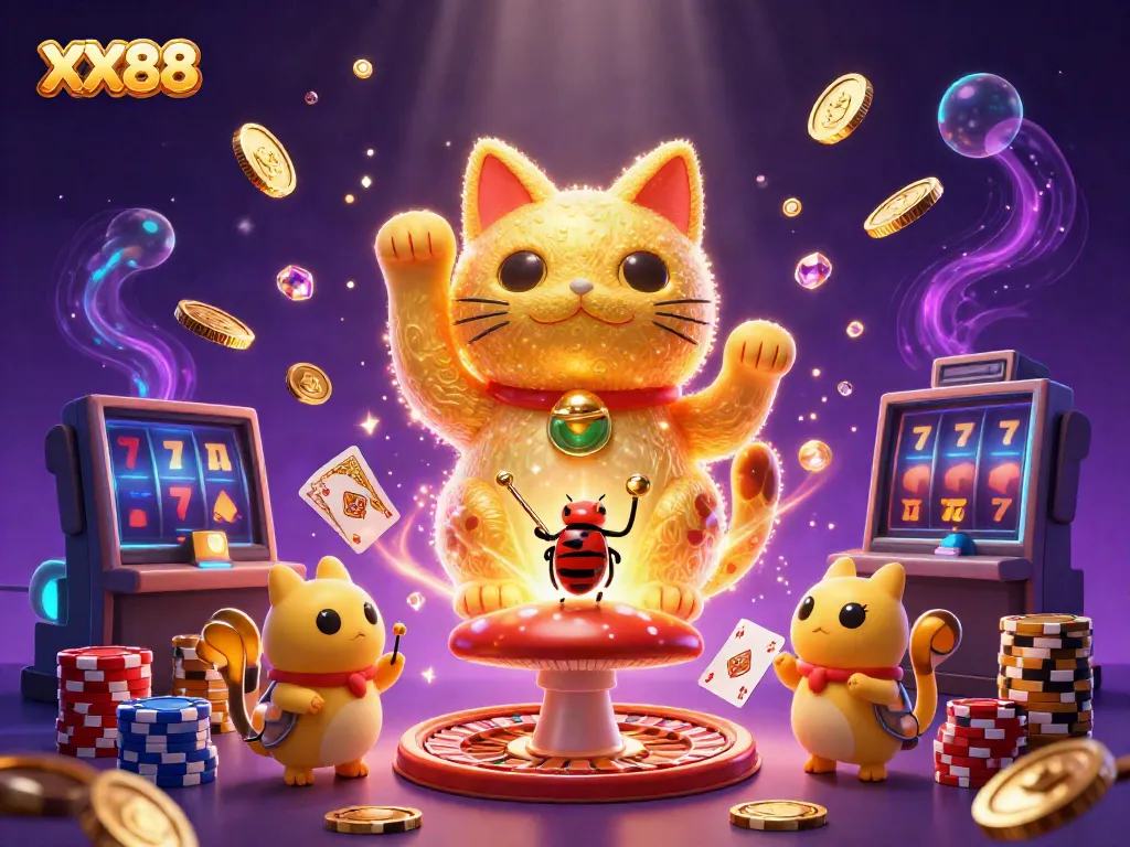 Experience the excitement of XX88 with golden fireflies, a lucky cat, and sparkling casino elements.