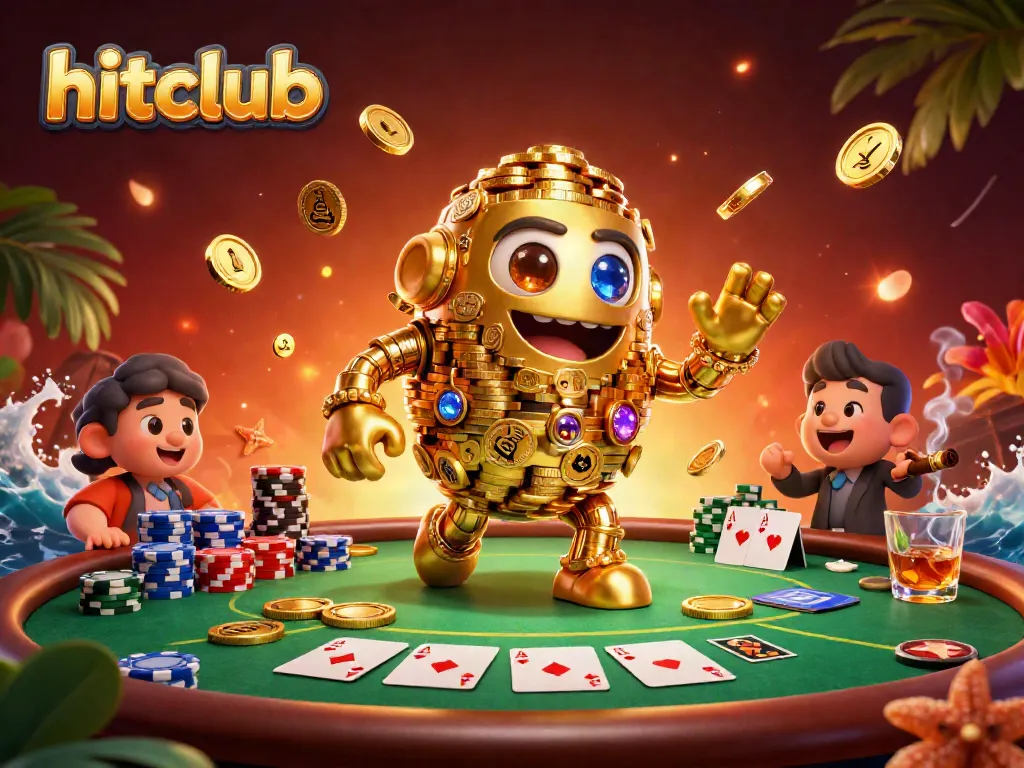 Experience thrilling gameplay at hitclub featuring an ancient golden golem amid poker tables and vibrant casino ambiance.