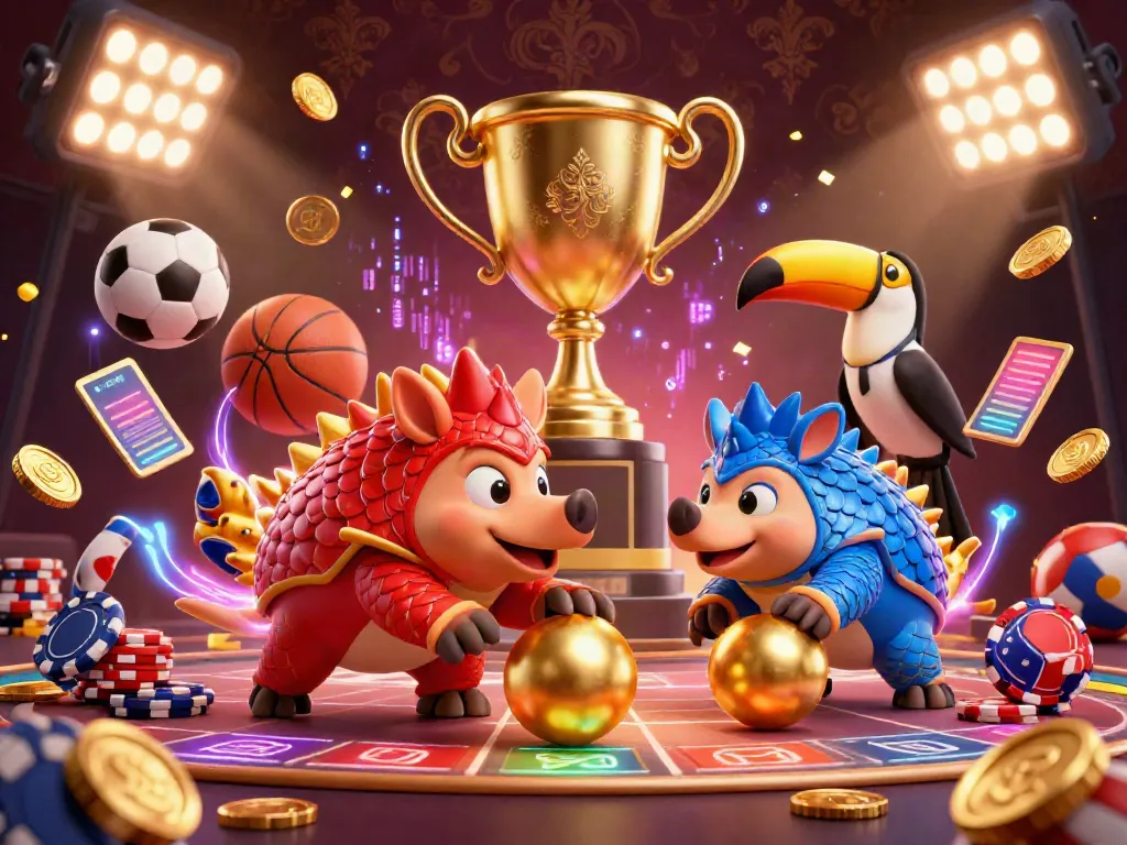 Engage with vf555 as rival pangolins roll golden balls amidst poker chips in a thrilling casino environment.