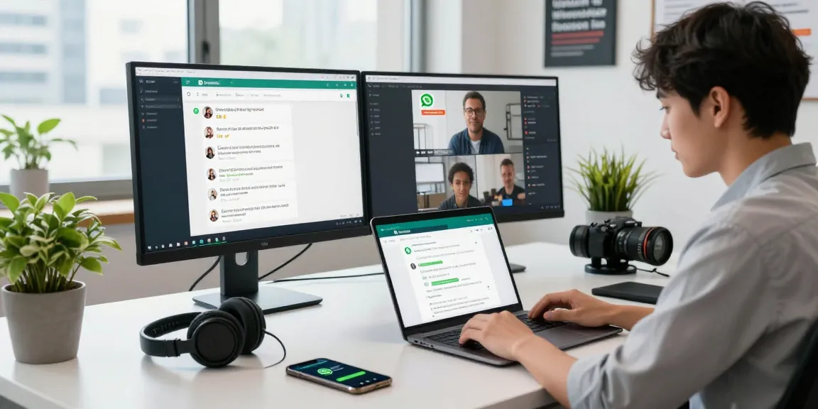 Professional workspace showcasing WhatsApp網頁版 on screens, symbolizing modern communication.