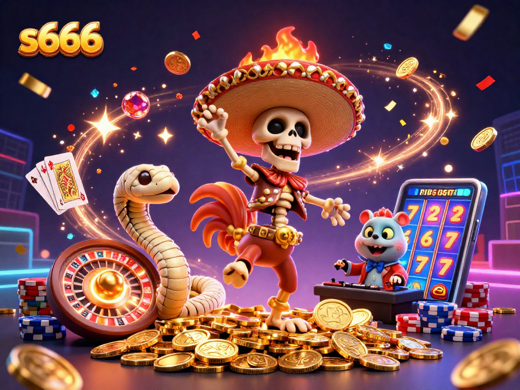 Experience exciting gameplay at s666 with a festive casino scene featuring vibrant characters and rich game elements.