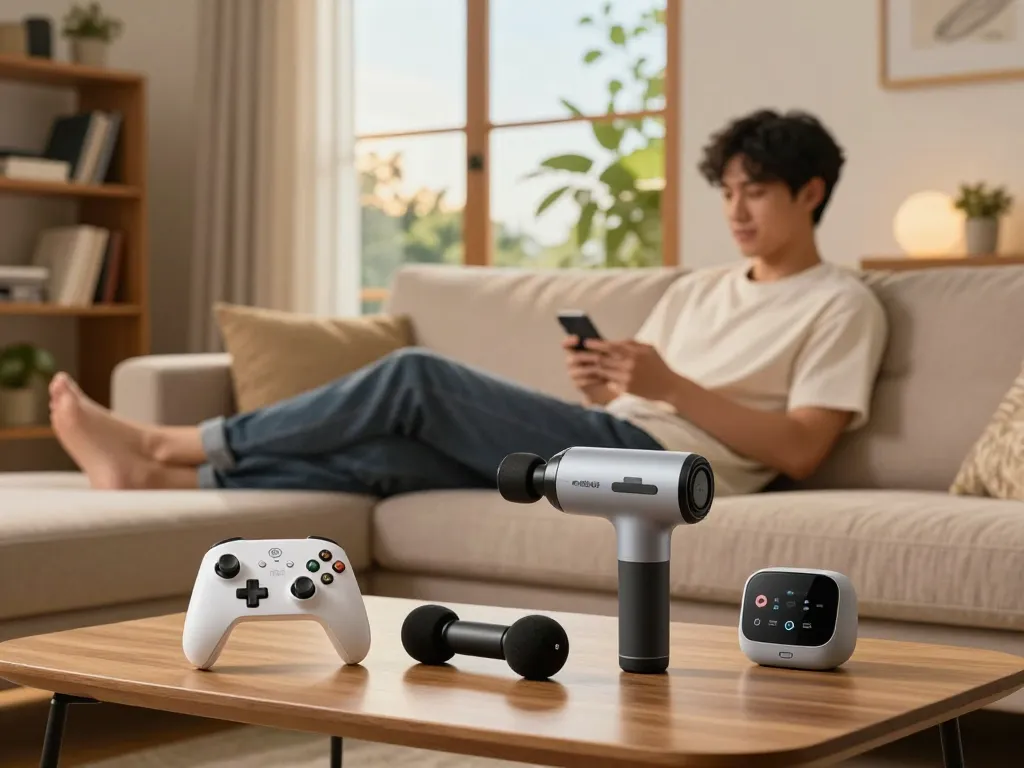 Affordable tech gadgets showcased in a cozy living room, featuring a Bluetooth controller, massage gun, and audio transmitter for modern lifestyles.