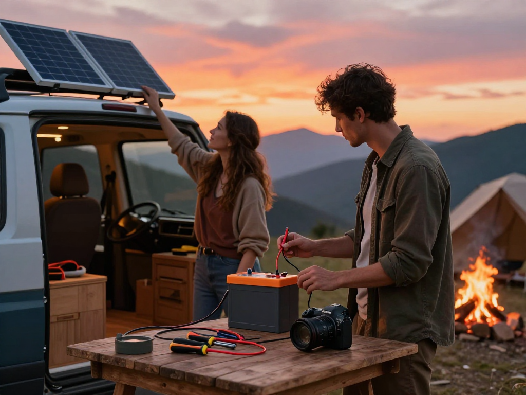 Rokok88 login for campervan electrics setup, couple measuring battery size in scenic sunset.