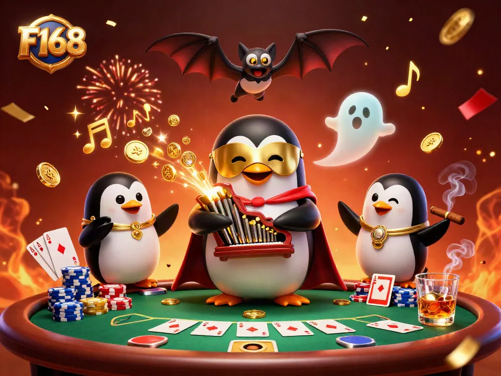 Engage with F168's dazzling casino scene featuring a phantom penguin and chip towers.
