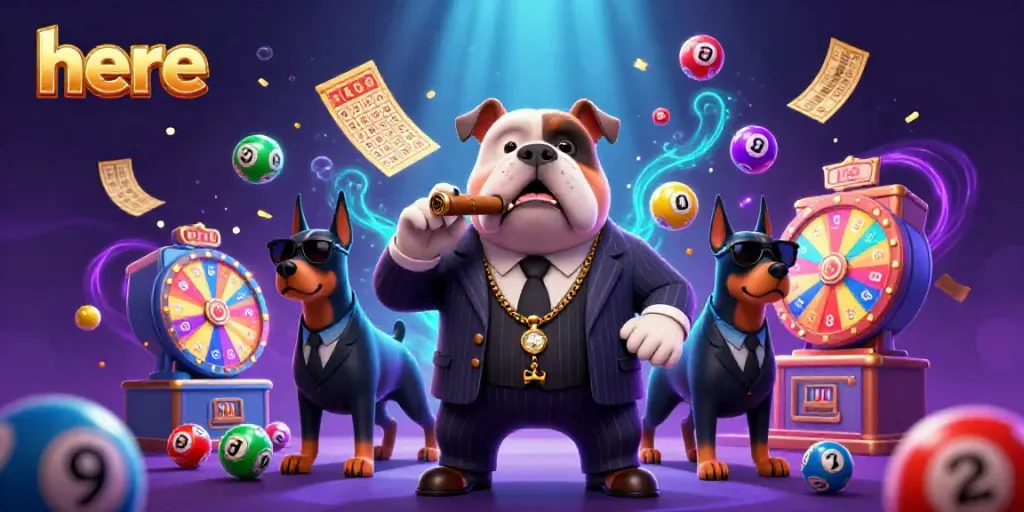 Engage with dynamic gambling excitement featuring here with a mafia boss bulldog and colorful lottery elements