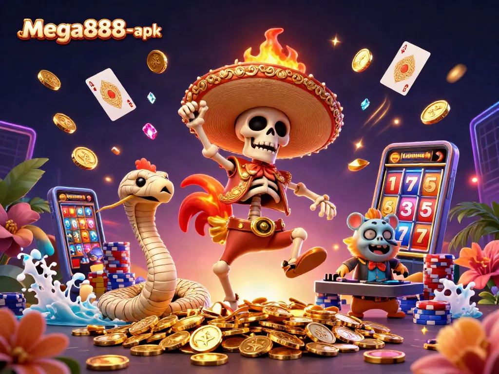 Experience the thrill of mega888-apk with a vibrant victory dance scene featuring a skeleton mariachi rooster.