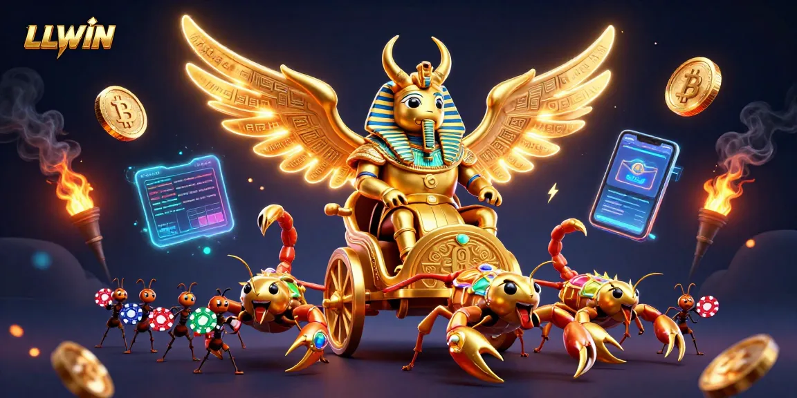 LLWIN casino game scene featuring a golden scarab beetle, scorpions, and poker chips in dynamic action.