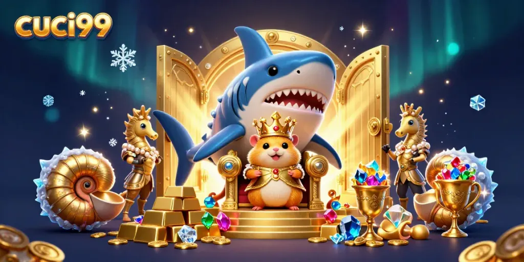 cuci99 offers thrilling gaming experiences with vibrant visuals featuring a golden hamster king and royal seahorse guards.