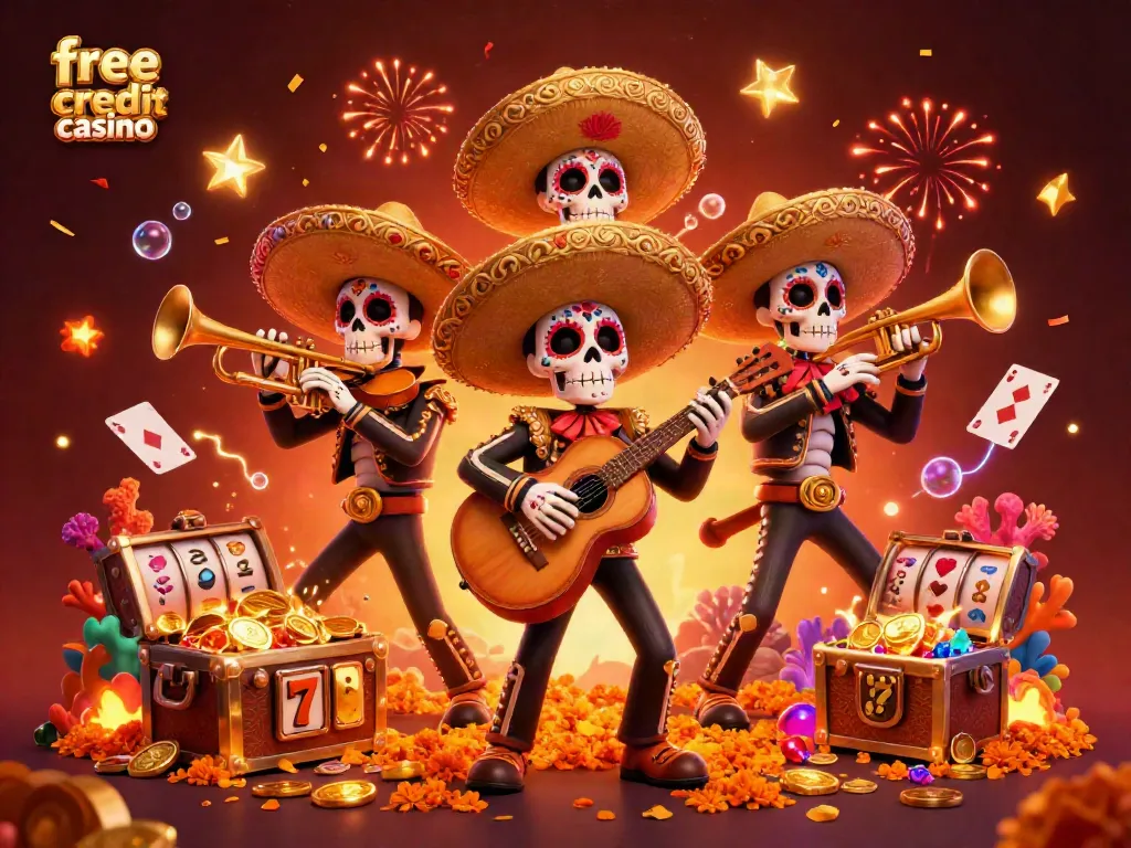 Join the celebration at this free credit casino with vibrant mariachi skeletons amidst festive elements!