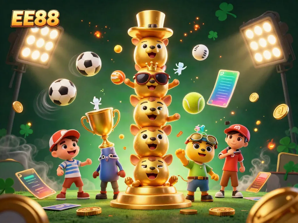 EE88 showcases a vibrant 3D casino scene with a golden totem and dynamic sports elements.