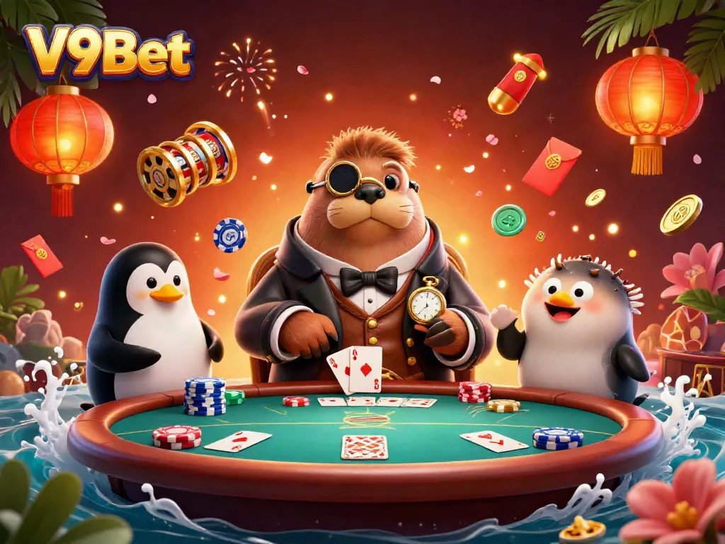 Experience thrilling underwater poker with V9Bet's vibrant casino scene featuring a jolly walrus.