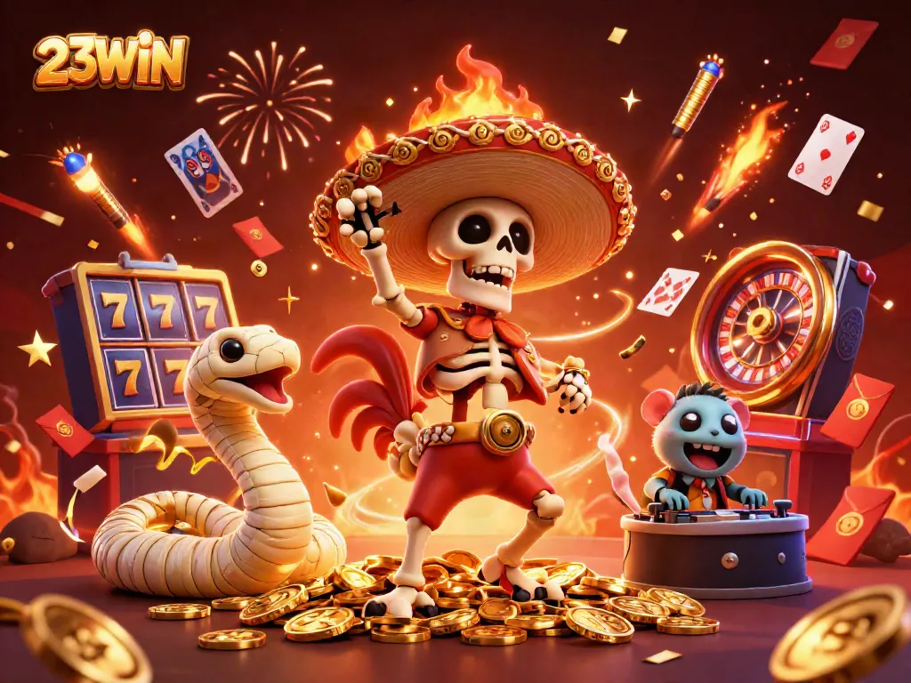 Experience thrilling wins at 23WIN with vibrant 3D casino characters celebrating amidst gold coins and festive decor.