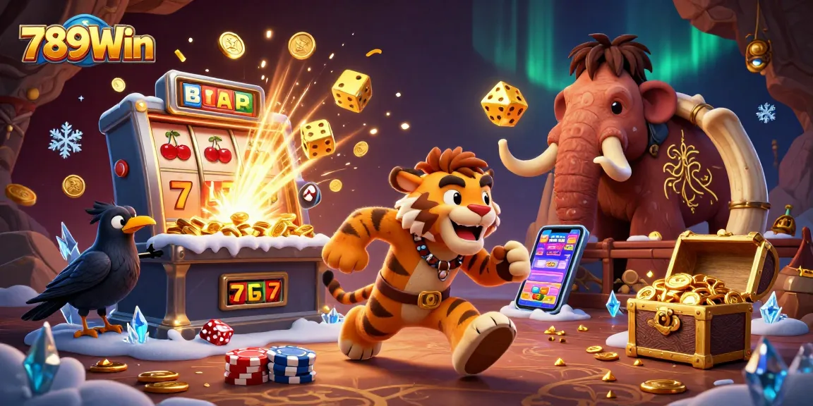 Experience thrilling wins at 789Win, featuring a lively prehistoric casino scene filled with action.