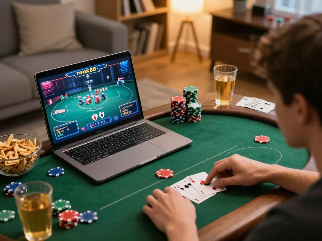 Player engaging in poker gameplay on rokok88 using a laptop in a cozy home setting.