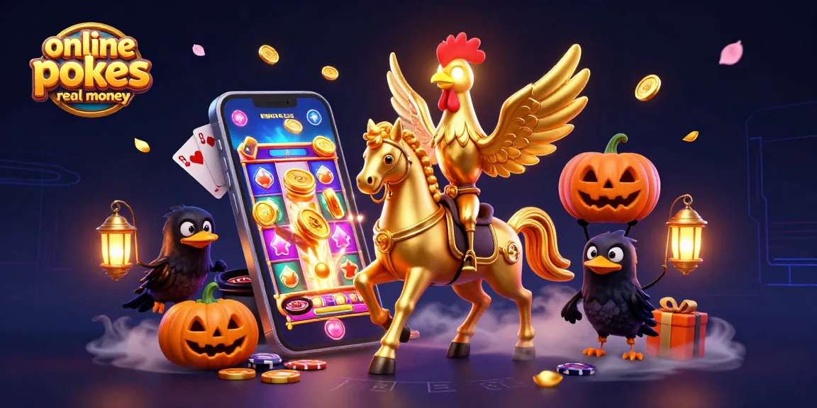 Engaging scene of a golden rooster riding a spectral horse alongside crow companions in a casino, showcasing online pokies real money fun.