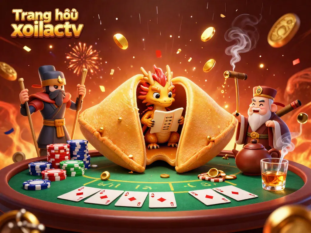 Experience excitement with Trang chủ xoilactv, featuring a golden fortune cookie dragon and poker scene.