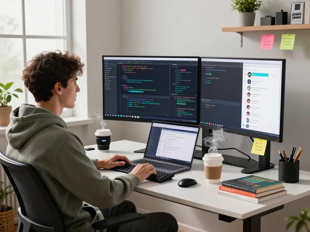 Developer interacting with clawd bot in a modern tech workspace.