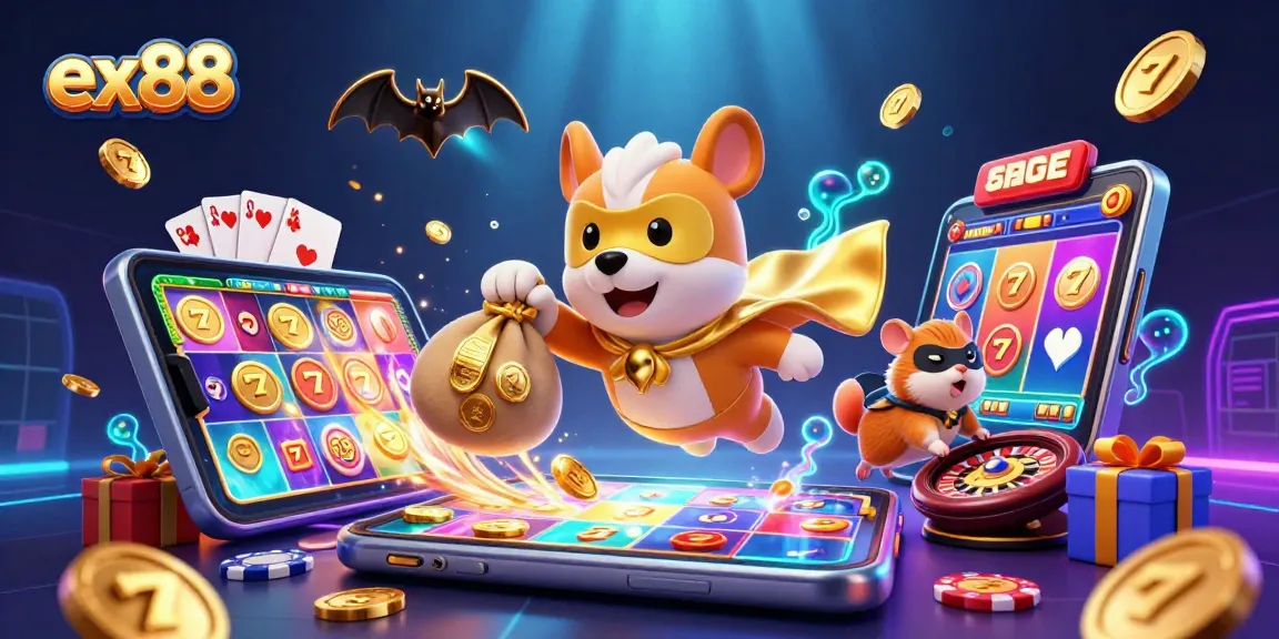 Experience the thrill of ex88 with a playful illustration featuring a superhero dog and hamster amidst vibrant casino elements.
