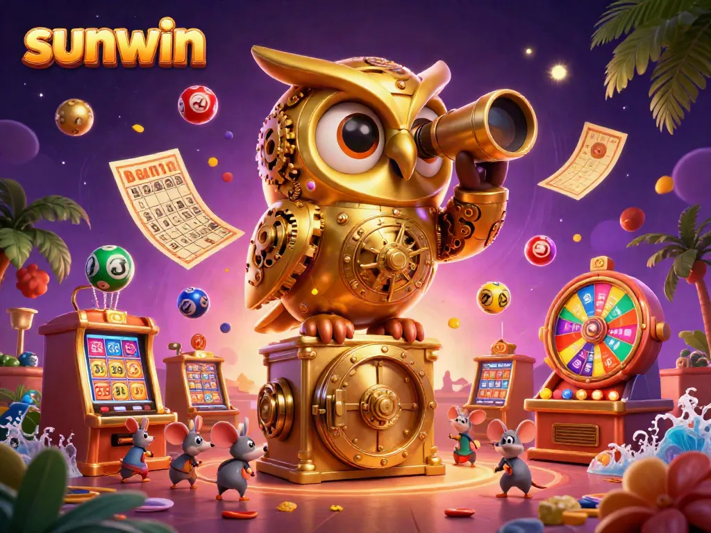 Experience the excitement of sunwin with a vibrant illustration featuring games, golden owl, and colorful lottery balls.