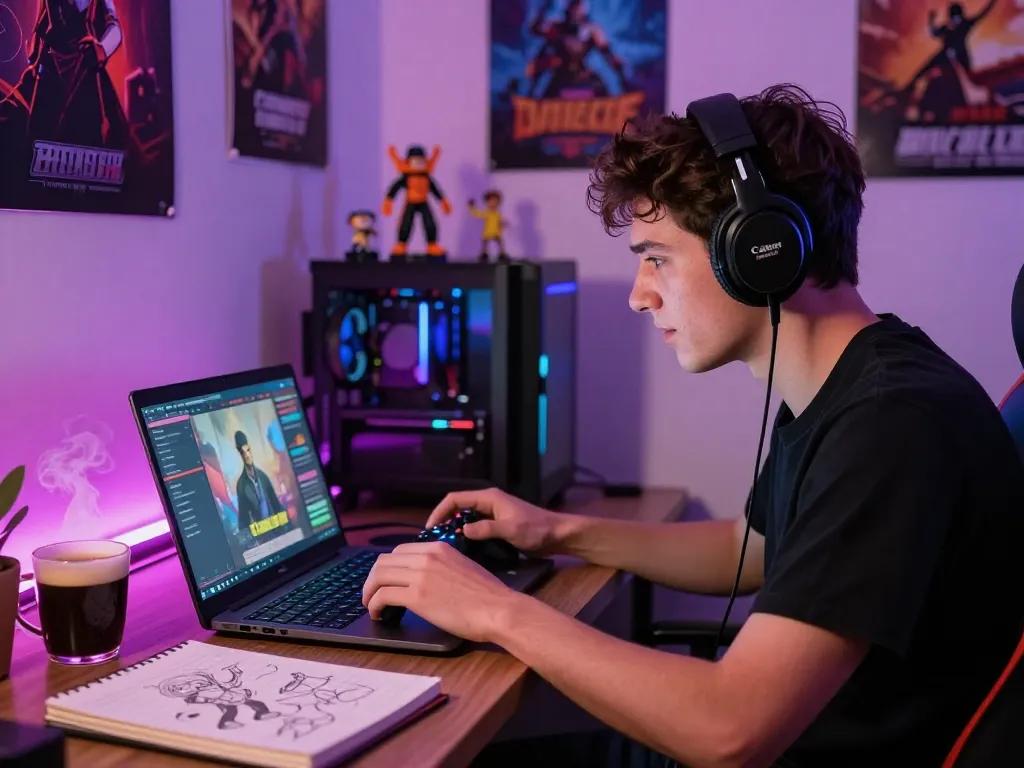 Engaged gamer playing gay porn games on a laptop in a colorful bedroom.