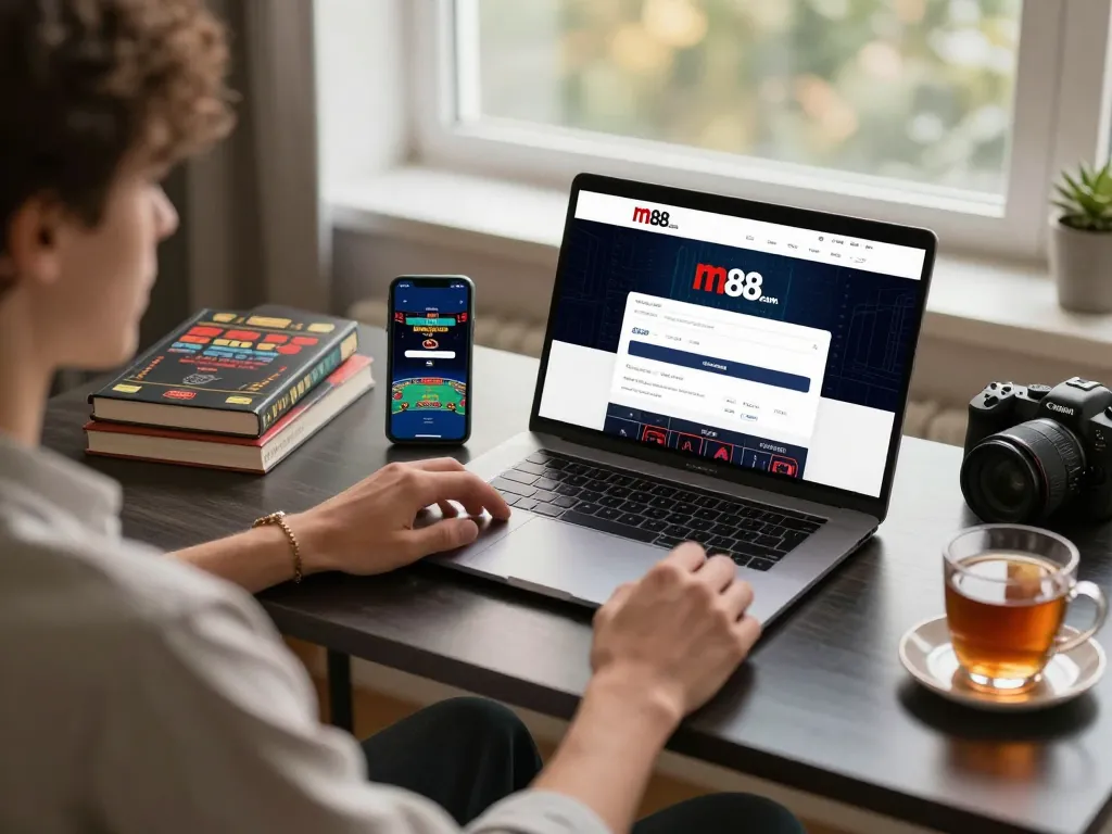 Engaging in online casino gaming at home, user interacts with the m88.com login interface amidst a cozy setting.