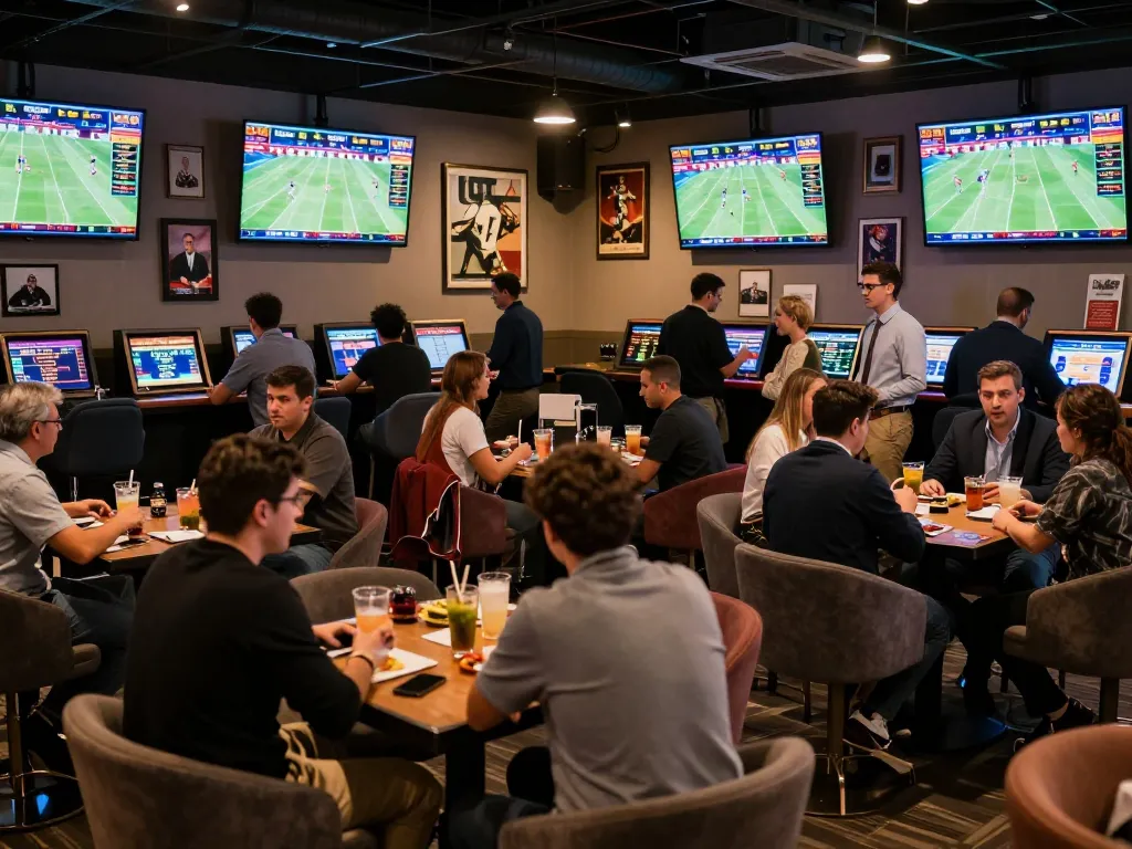 Engaged bettors analyzing kèo nhà cái hôm nay in a lively sports betting lounge with multiple screens.