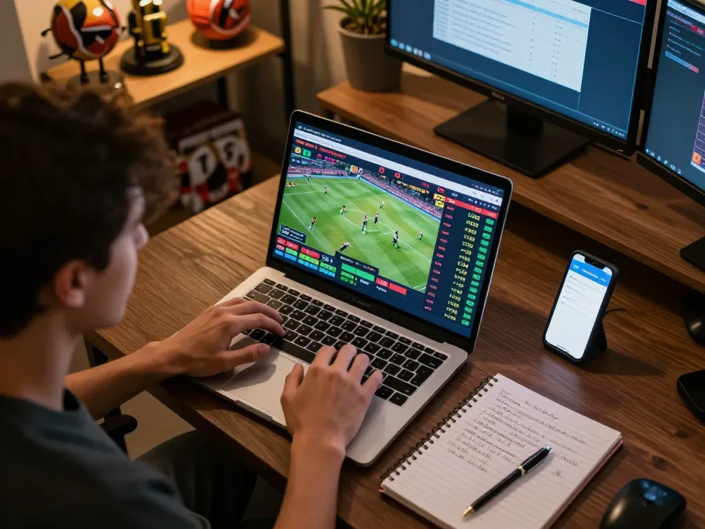 Engaged individual analyzing ty le keo nha cai on a laptop during an online sports betting session for strategic insights.