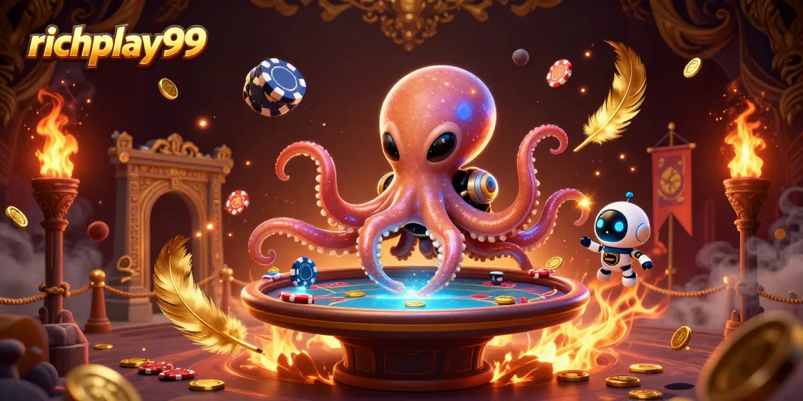Richplay99 showcases a vibrant alien octopus dealing poker chips in a dazzling digital casino.