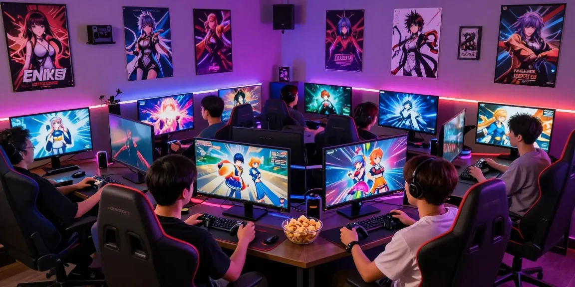 Engaged gamers enjoying NSFW games in a vibrant gaming lounge with neon lighting.