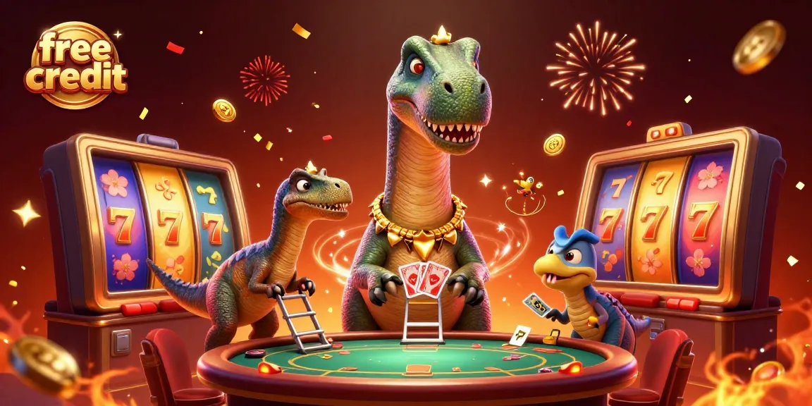 Claim free credit bonuses at the casino with joyous 3D characters celebrating wins and spinning reels.