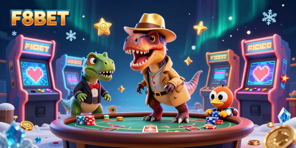 Join the fun at F8BET with cartoon velociraptor and stegosaurus characters gambling at a blackjack table.