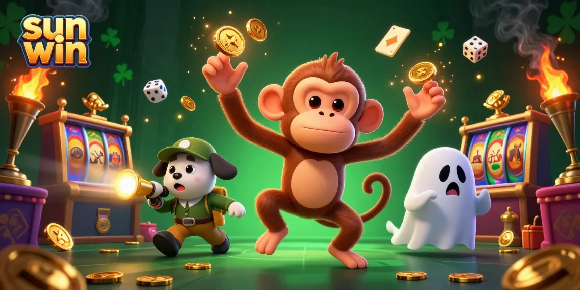 Engage in thrilling fun with sun win casino, featuring a playful ghost and golden gaming treasures in action.