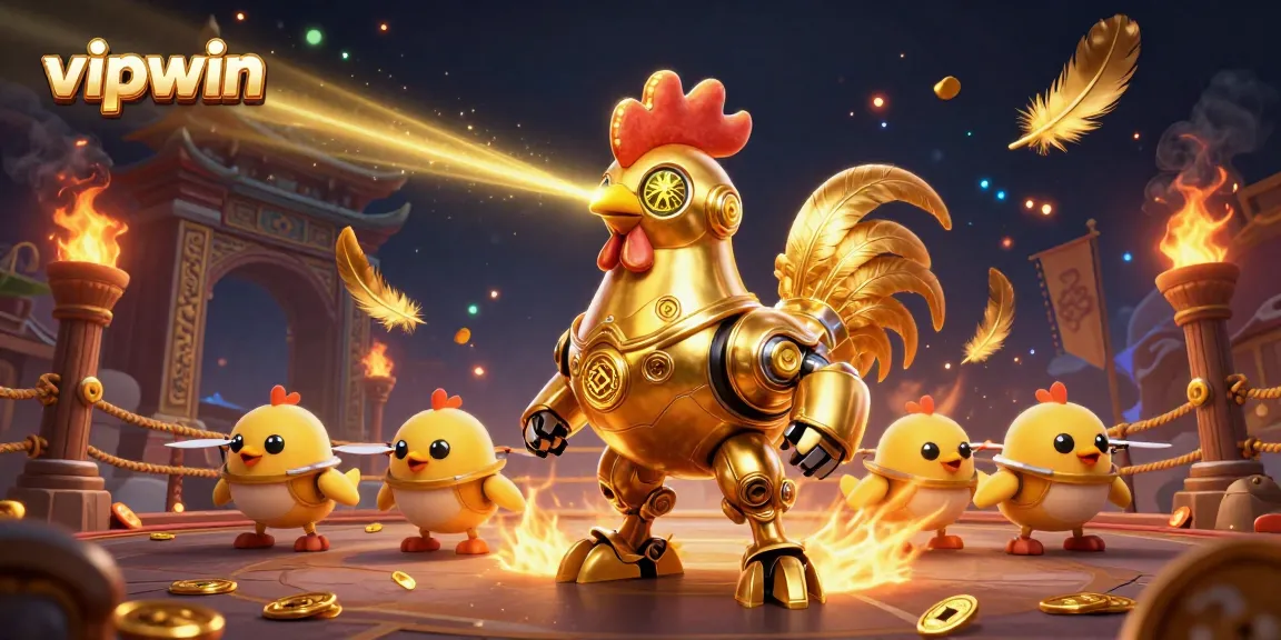 Experience vipwin with a dynamic 3D rendering of a golden rooster robot amidst dramatic casino elements and golden patterns.