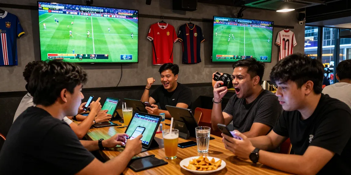Football betting Malaysia scene in a lively sports bar with fans cheering.