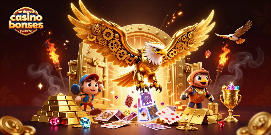 No deposit casino bonuses Australia showcased through a vibrant 3D illustration with winning symbols and treasures.