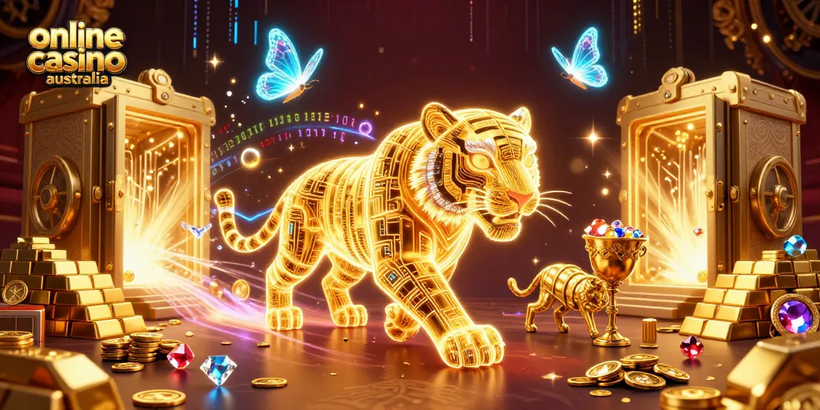 Engaging scene of 3D golden tiger and holographic butterflies showcasing the allure of online casino Australia.