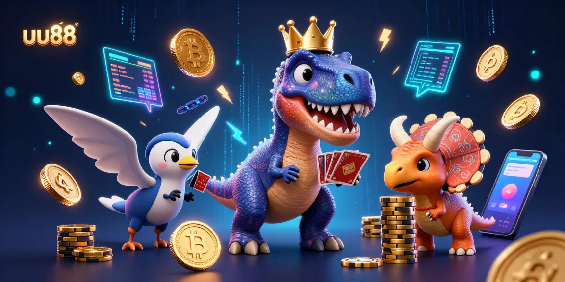 Play exciting casino games at uu88 with a T-Rex dealer and vibrant crypto elements.