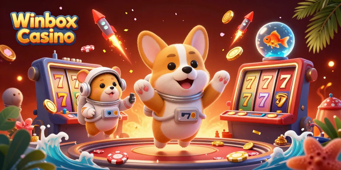 Winbox Casino showcases an exciting 3D scene with characters floating in a vibrant space station.
