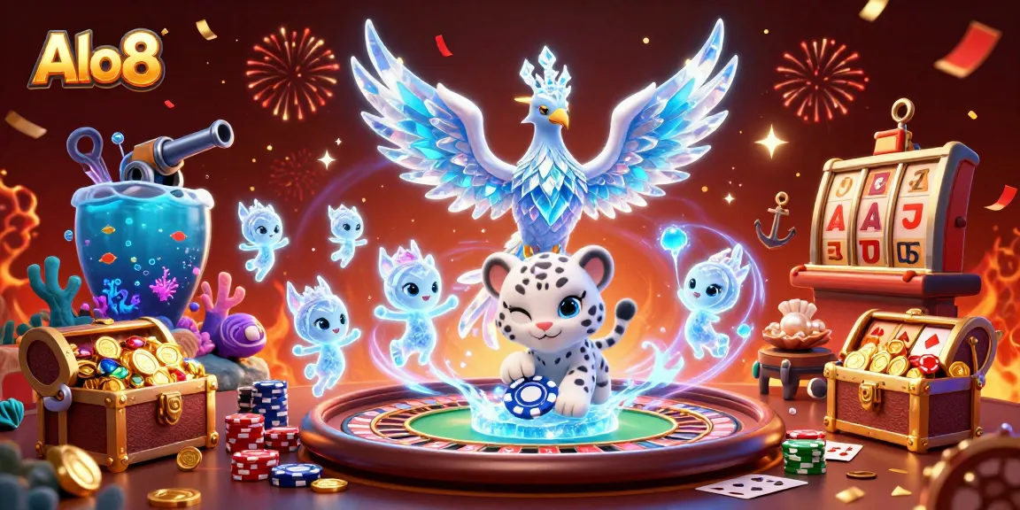Experience thrilling gameplay at Alo8 with a snowy phoenix, poker chip antics, and dynamic casino elements.