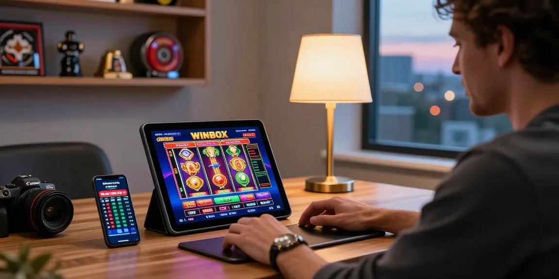 Excited player enjoying Winbox Casino games on tablet, vibrant setup with cityscape backdrop.