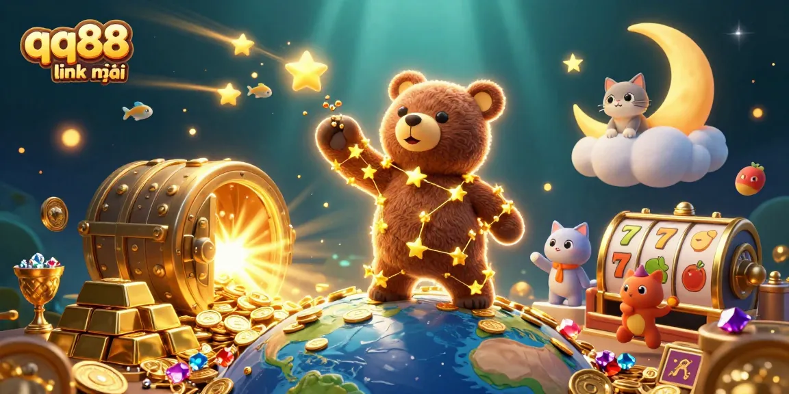 Engage with qq88 link mới, featuring a whimsical 3D casino scene rich with treasures and vibrant slot elements.
