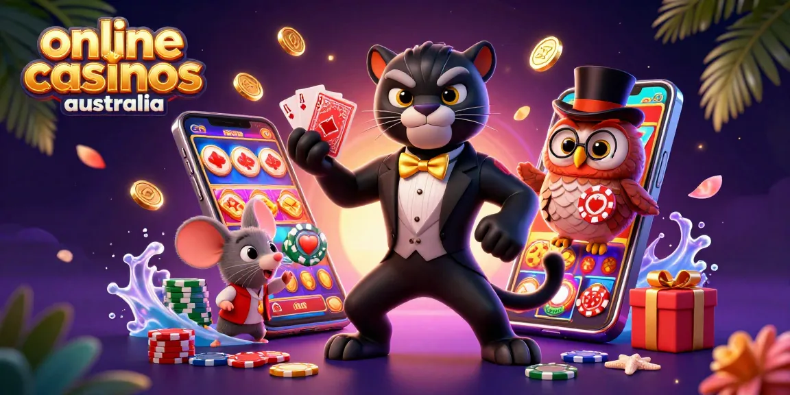 Engaging scene showcasing online casinos Australia with a tuxedoed panther dealing cards amidst vibrant gambling elements.